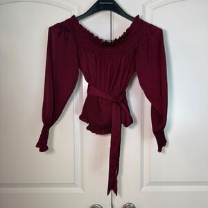 Express Womens Off The Shoulder Smocked Waist Tie Blouse Burgundy Wine Small